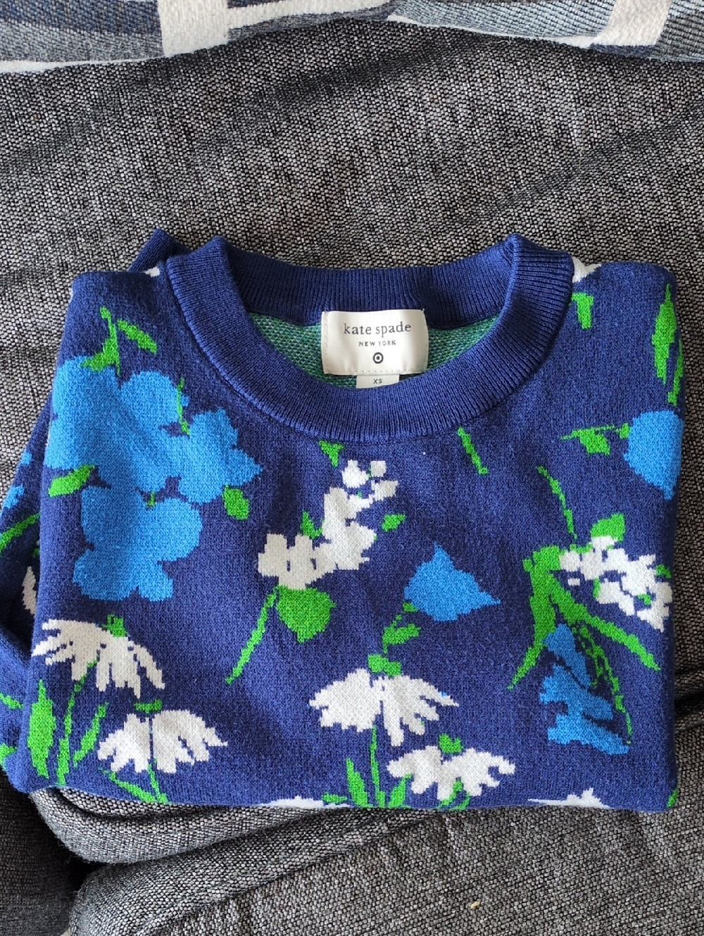 kate spade X target  navy sweater with bright blue, white & green floral print